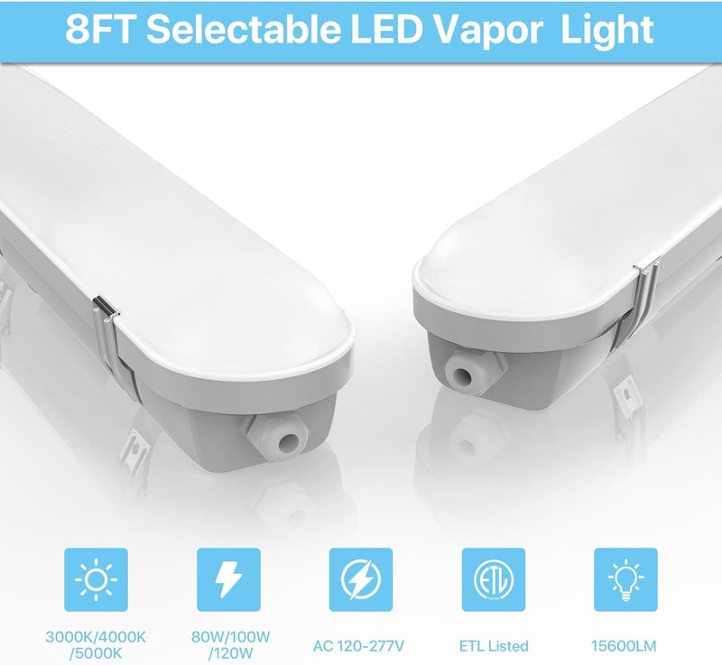 Hyperlite 8 Foot LED Vapor Proof Light, 15600lm IP66 Waterproof Vapor Tight Led Lights Fixture, 120w/100w/80w, 120-277V, Dimmable Outdoor Shop Light for Carports, Gas Station, Garage ETL Listed - Image 2